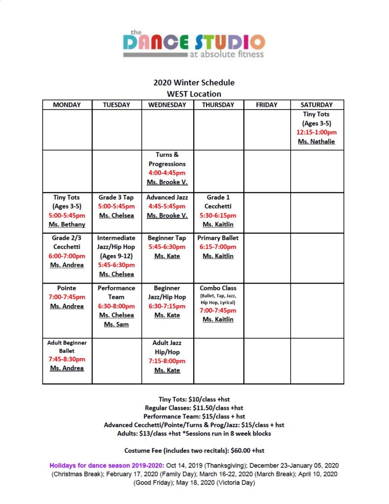 Class Schedule The Dance Studio